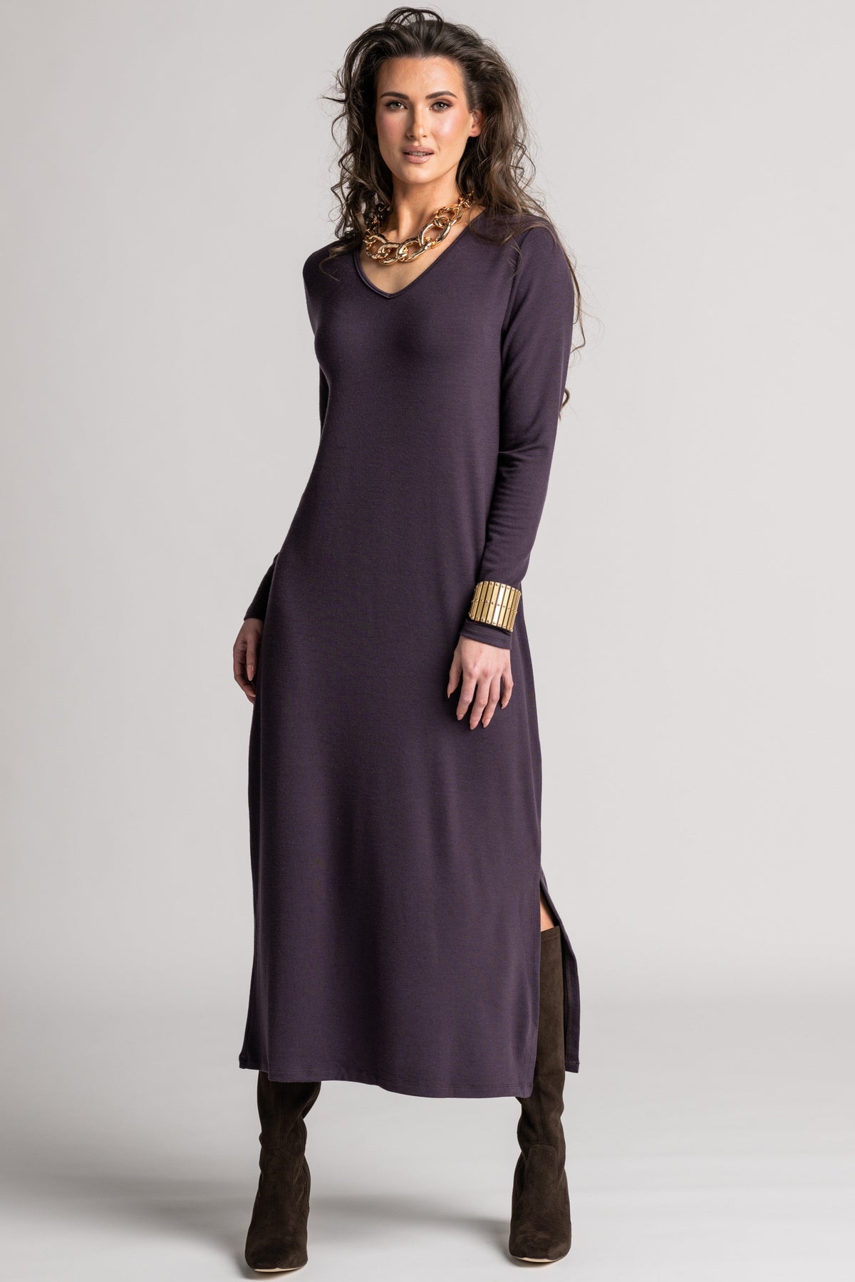 PAULA RYAN V Neck Sheath Dress - Cocoa Plum Merino - Paula Ryan