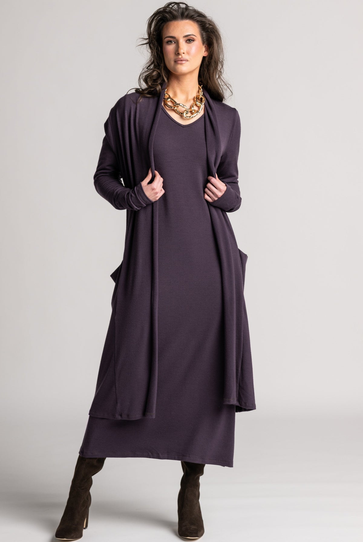 PAULA RYAN V Neck Sheath Dress - Cocoa Plum Merino - Paula Ryan