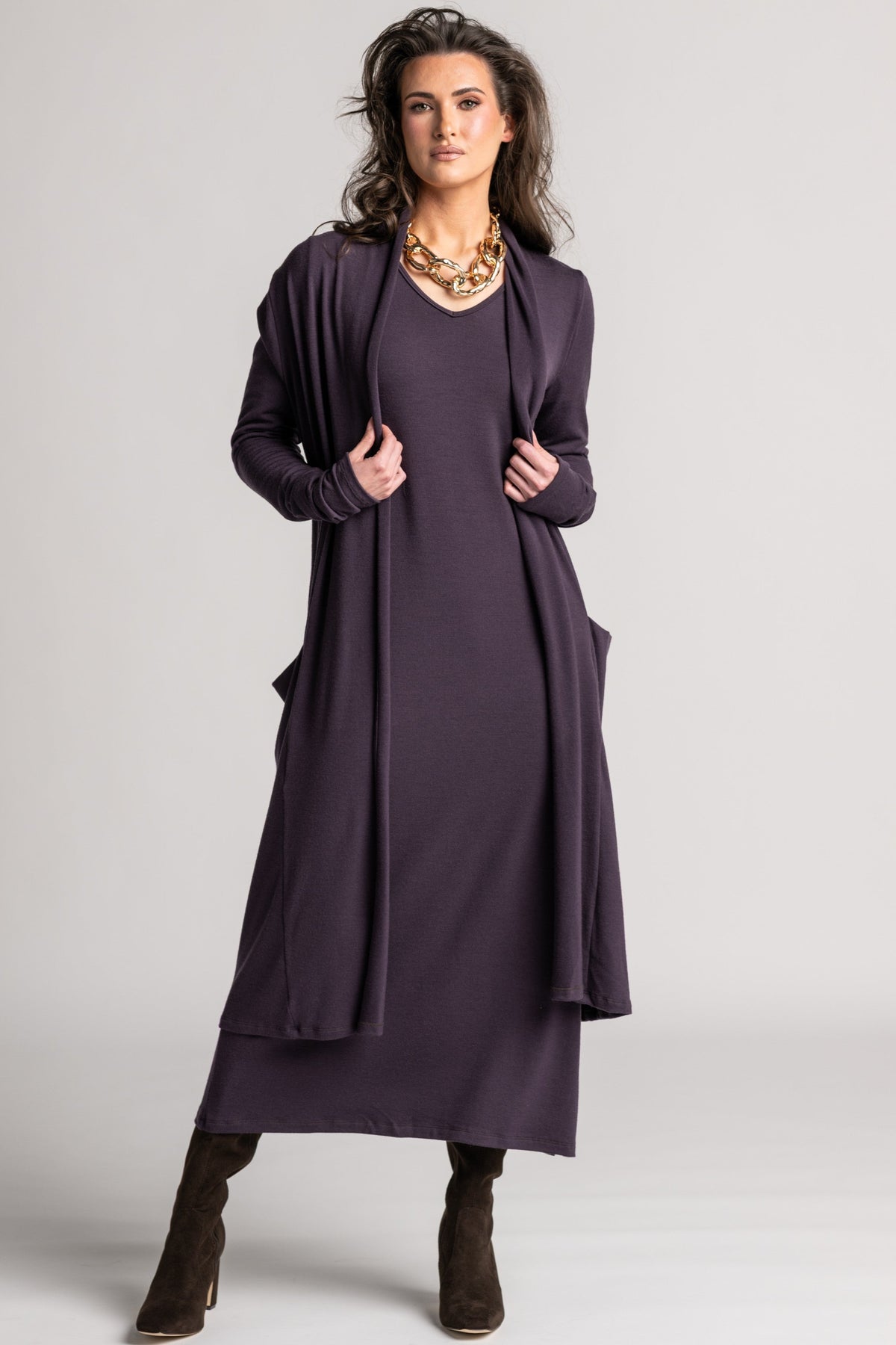 PAULA RYAN V Neck Sheath Dress - Cocoa Plum Merino - Paula Ryan