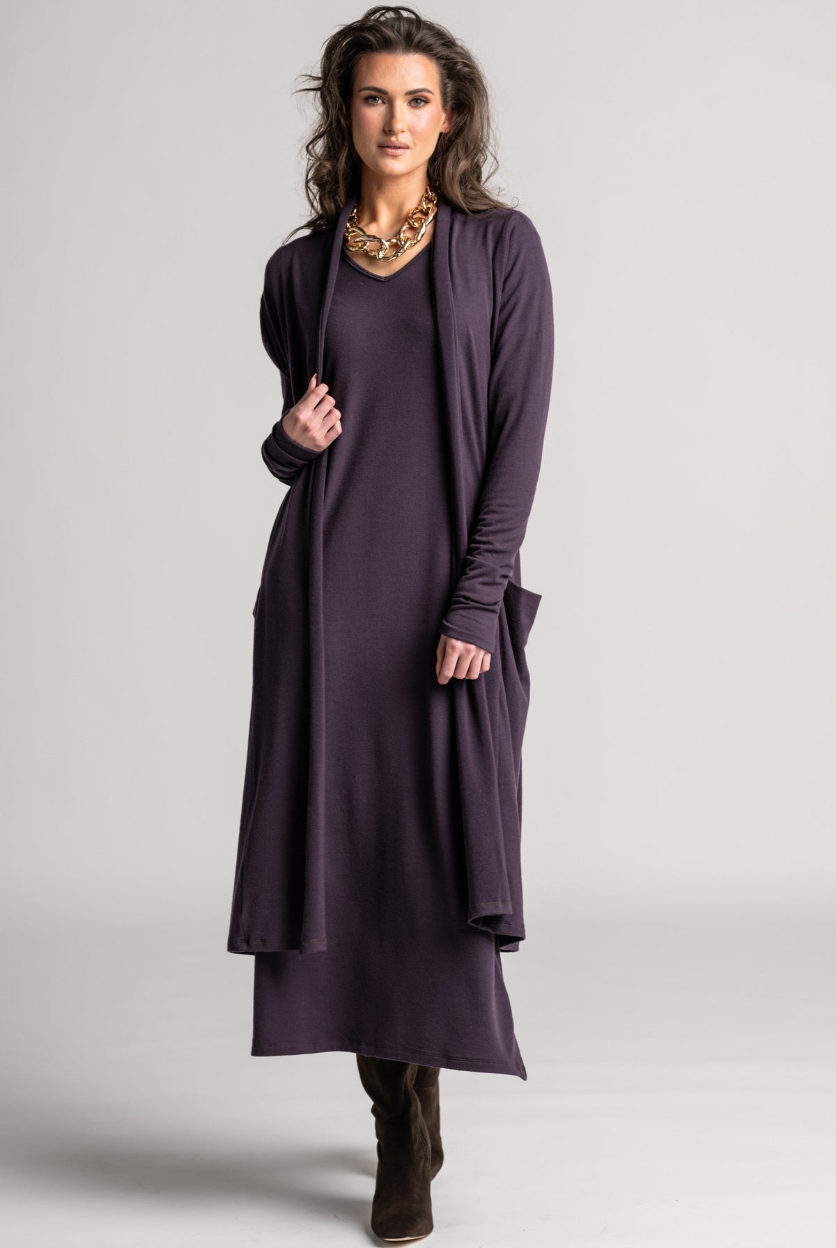 PAULA RYAN V Neck Sheath Dress - Cocoa Plum Merino - Paula Ryan