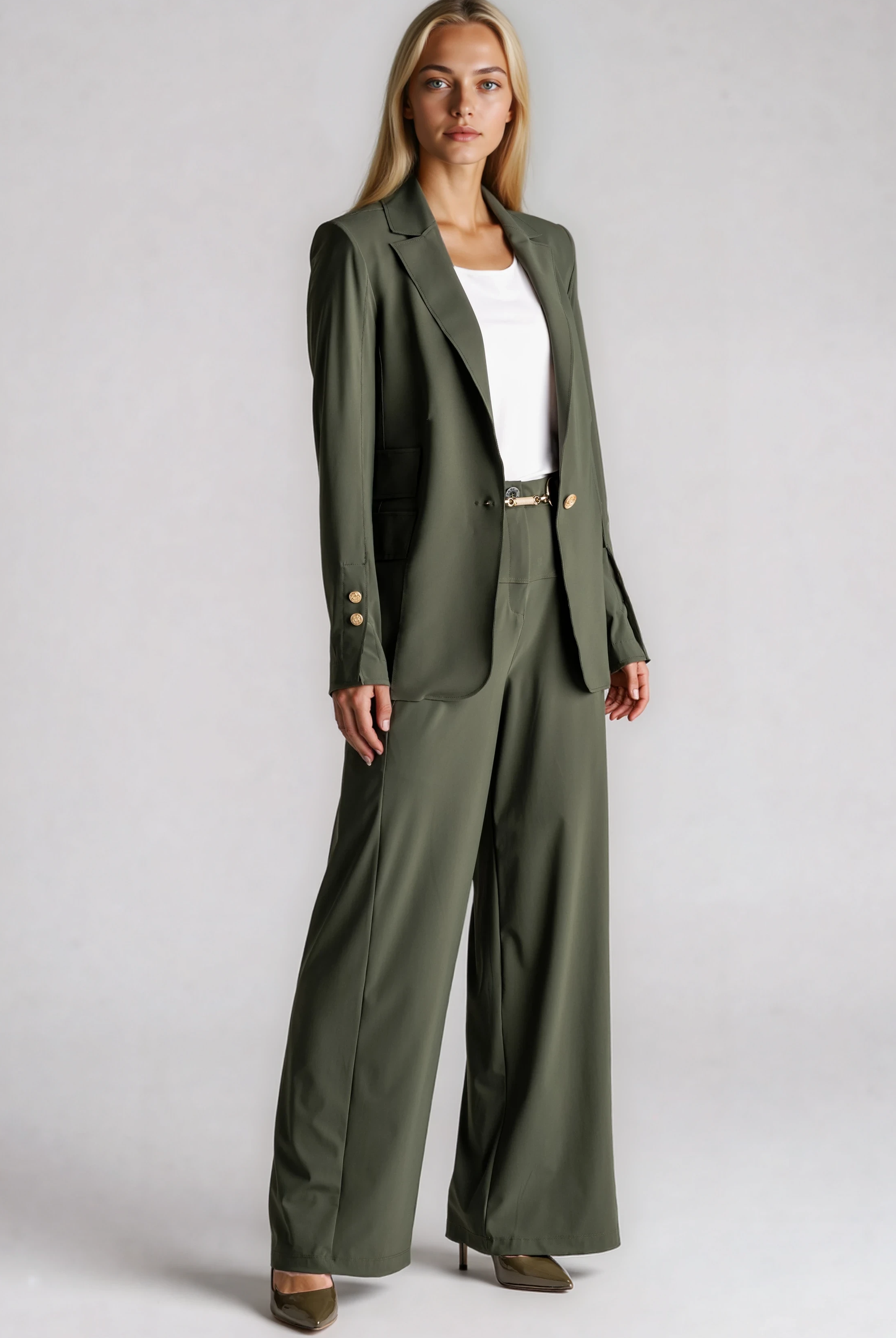 PAULA RYAN Long-line Boyfriend Jacket - Microjersey Khaki - Paula Ryan