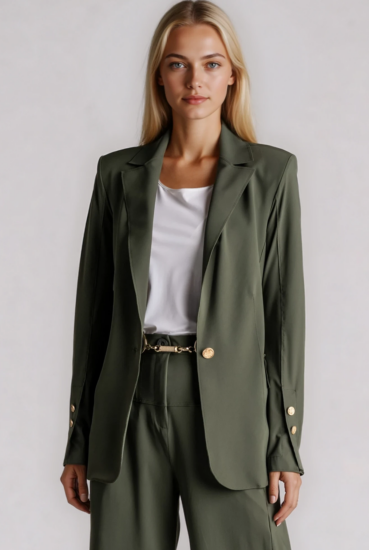 PAULA RYAN Long-line Boyfriend Jacket - Microjersey Khaki - Paula Ryan