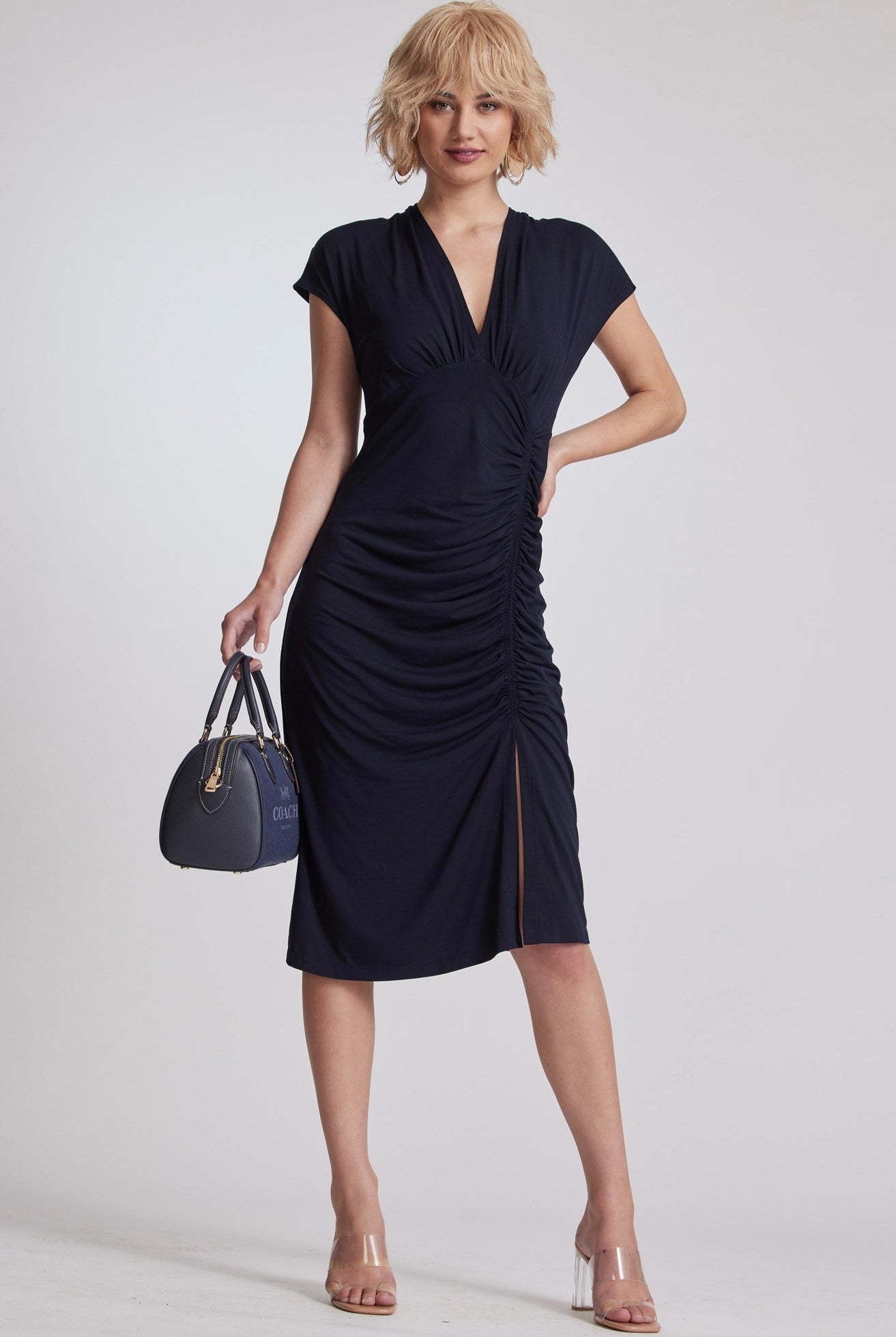 PAULA RYAN V Neck Side Rouched Dress - Black Micromodal - Paula Ryan