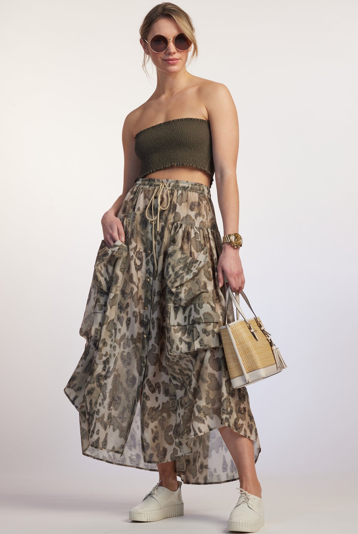 PAULA RYAN RELAXED Button Front Pocket Skirt - Cheetah - Paula Ryan