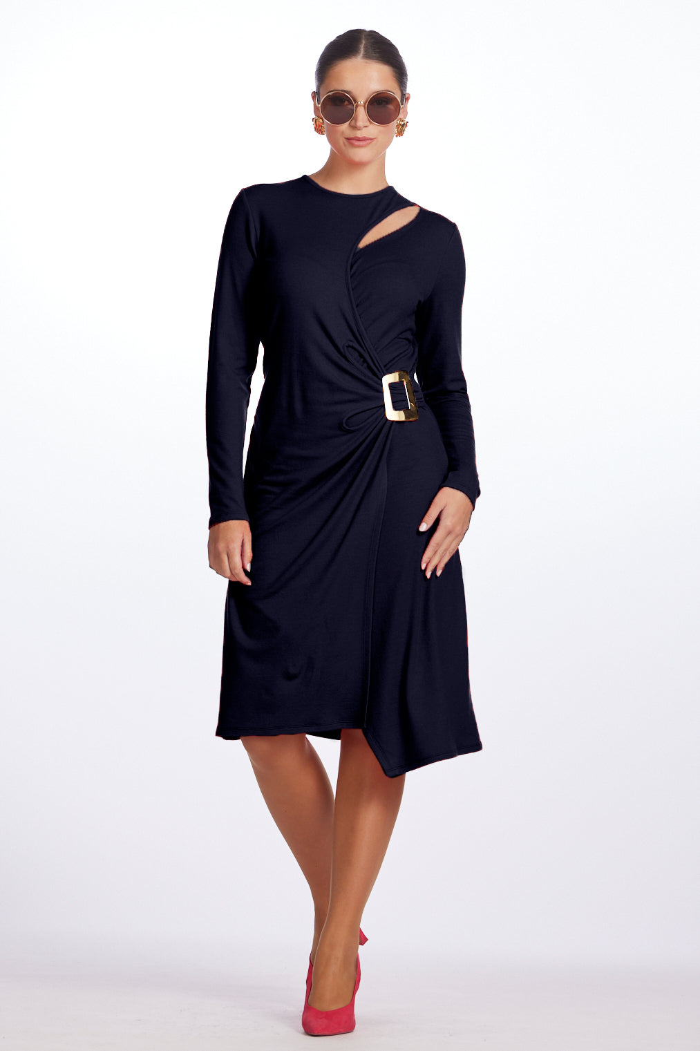 PAULA RYAN Cutaway Wrap Dress - Navy Merino - Paula Ryan