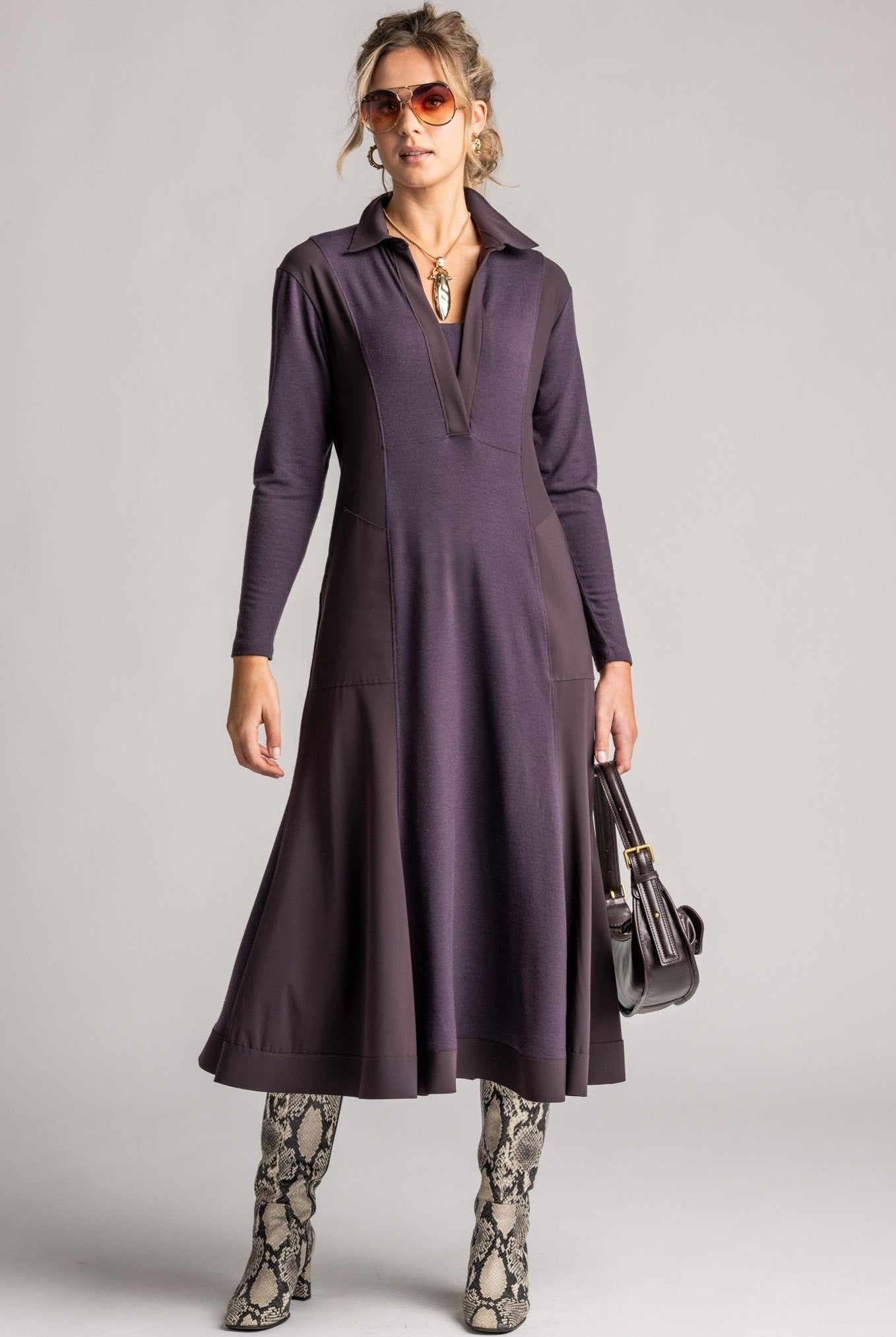 PAULA RYAN V-Neck Collared Dress - Cocoa Plum Merino/Microjersey - Paula Ryan