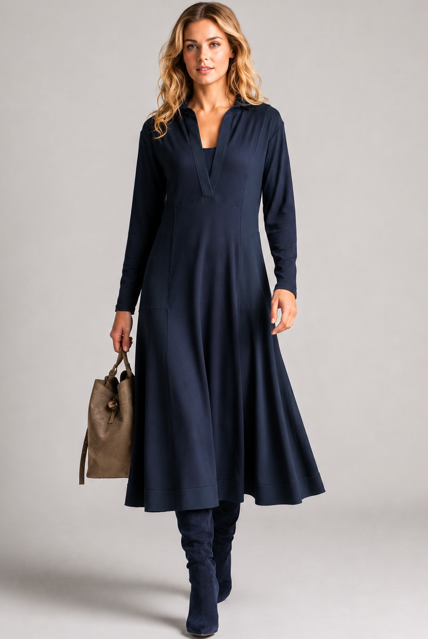PAULA RYAN V-Neck Collared Dress - Navy Merino/Microjersey - Paula Ryan