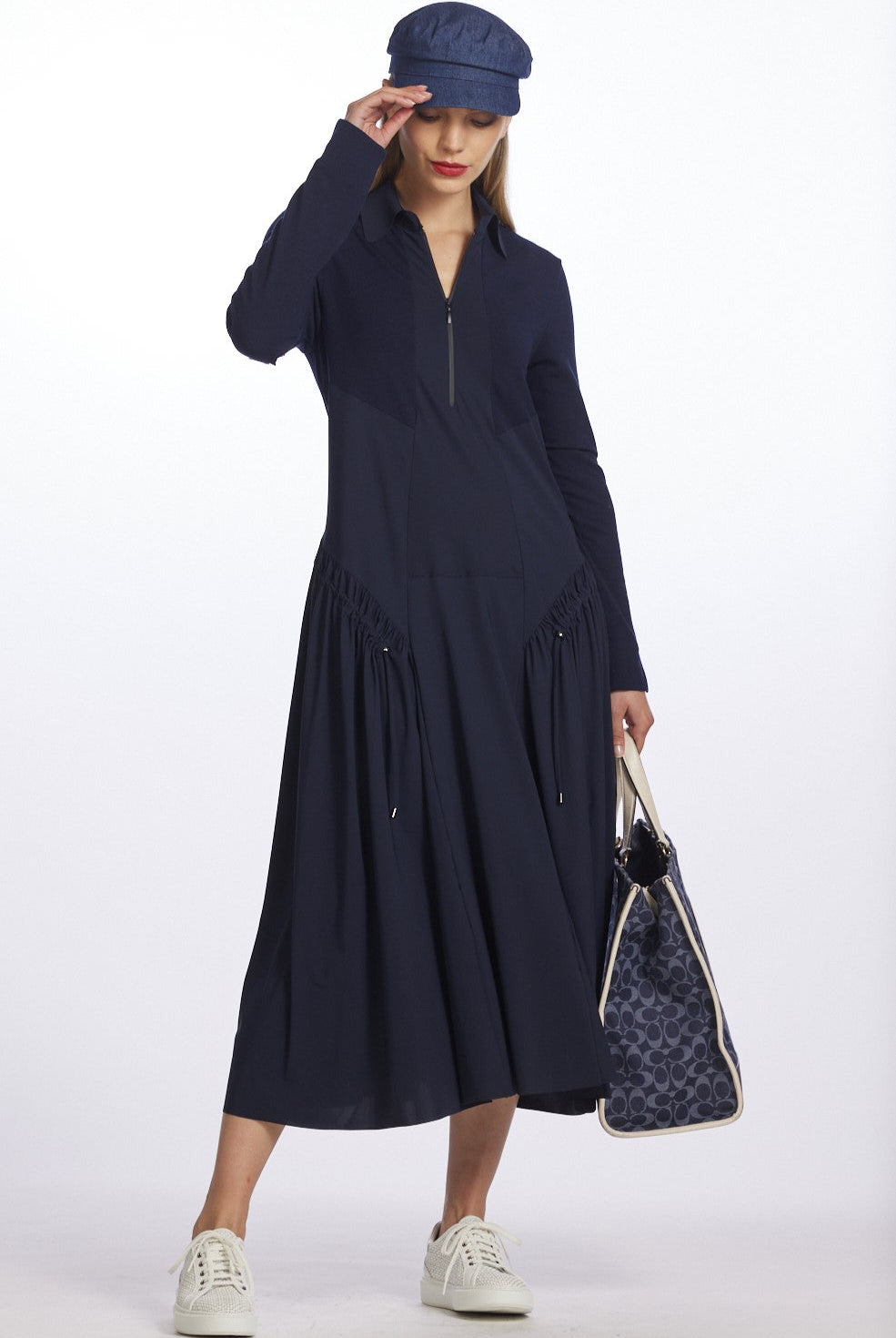 PAULA RYAN Zip Front Drawcord Dress - Navy Microjersey/Merino - Paula Ryan