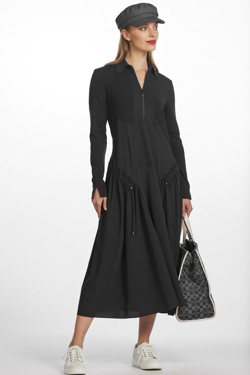 PAULA RYAN Zip Front Drawcord Dress - Black Microjersey/Merino - Paula Ryan