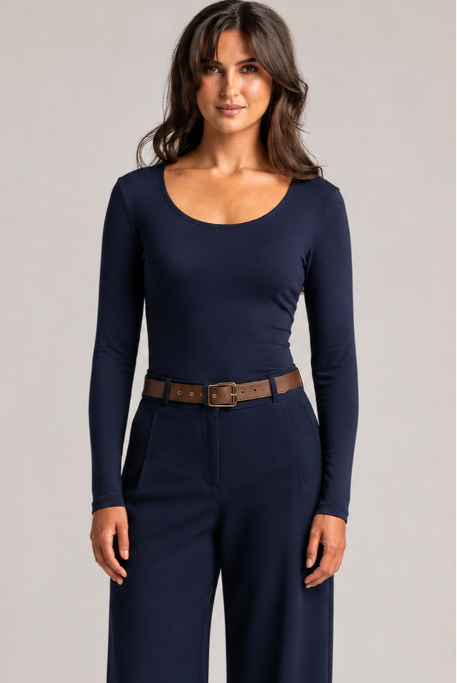 PAULA RYAN Slim Fit Scoop Neck Top - Merino Navy - Paula Ryan