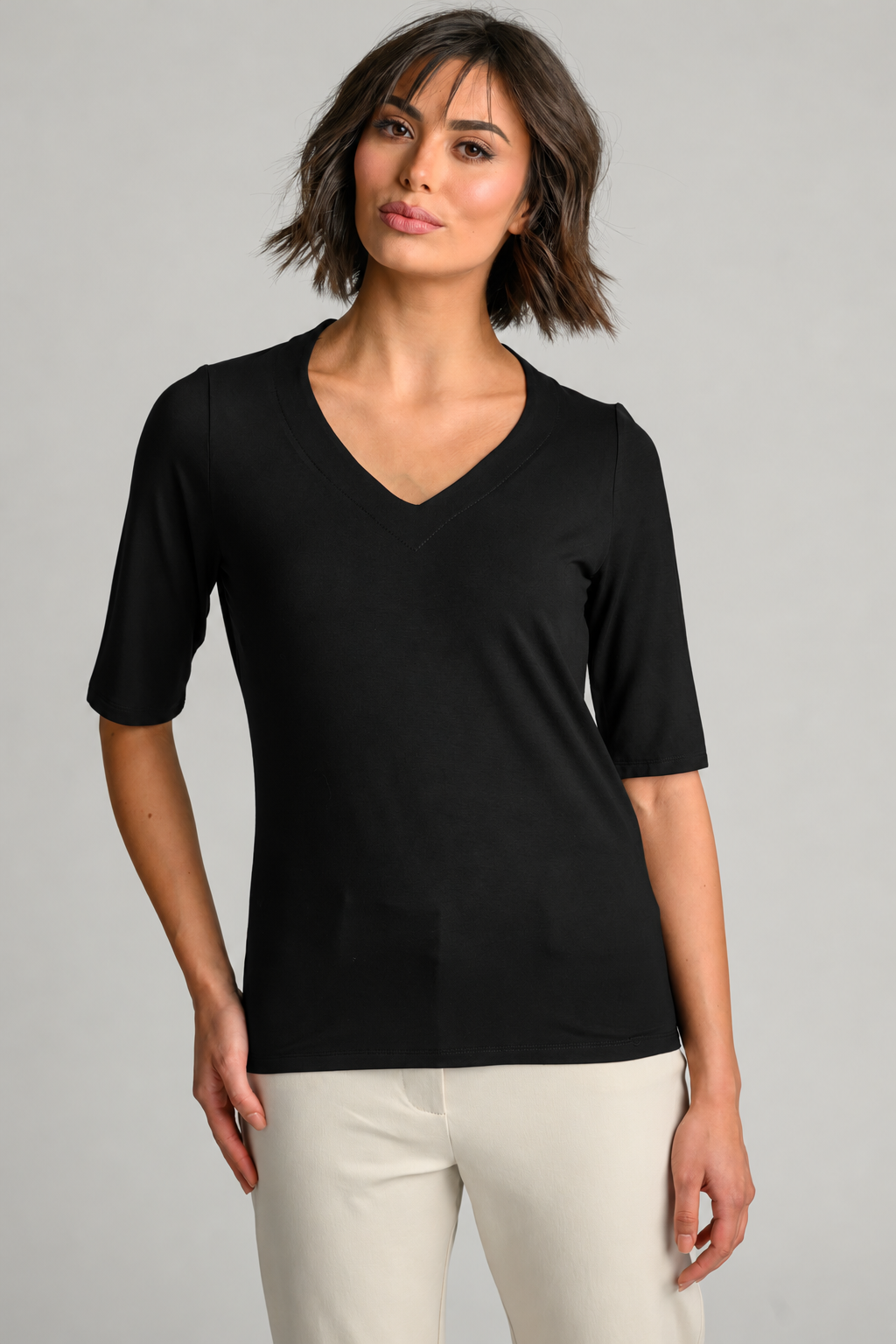 PAULA RYAN Easy Fit Half Sleeve V Neck Top - Black EcoVero - Paula Ryan