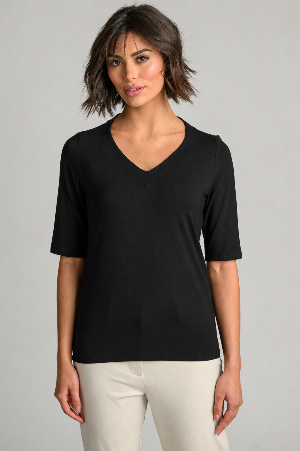PAULA RYAN Easy Fit Half Sleeve V Neck Top - Black EcoVero - Paula Ryan