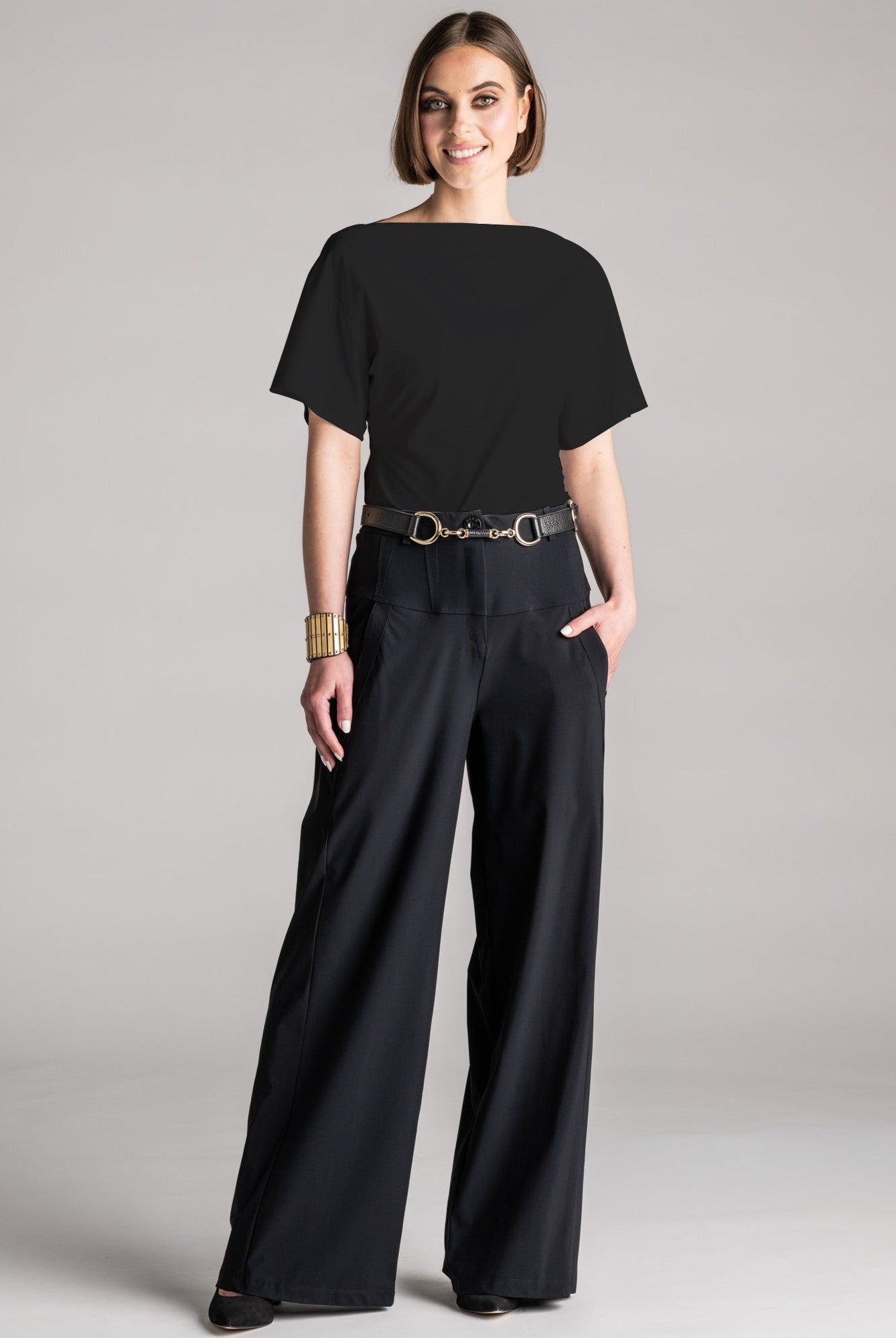 PAULA RYAN Waisted Boat Neck Top Microjersey - Black - Paula Ryan