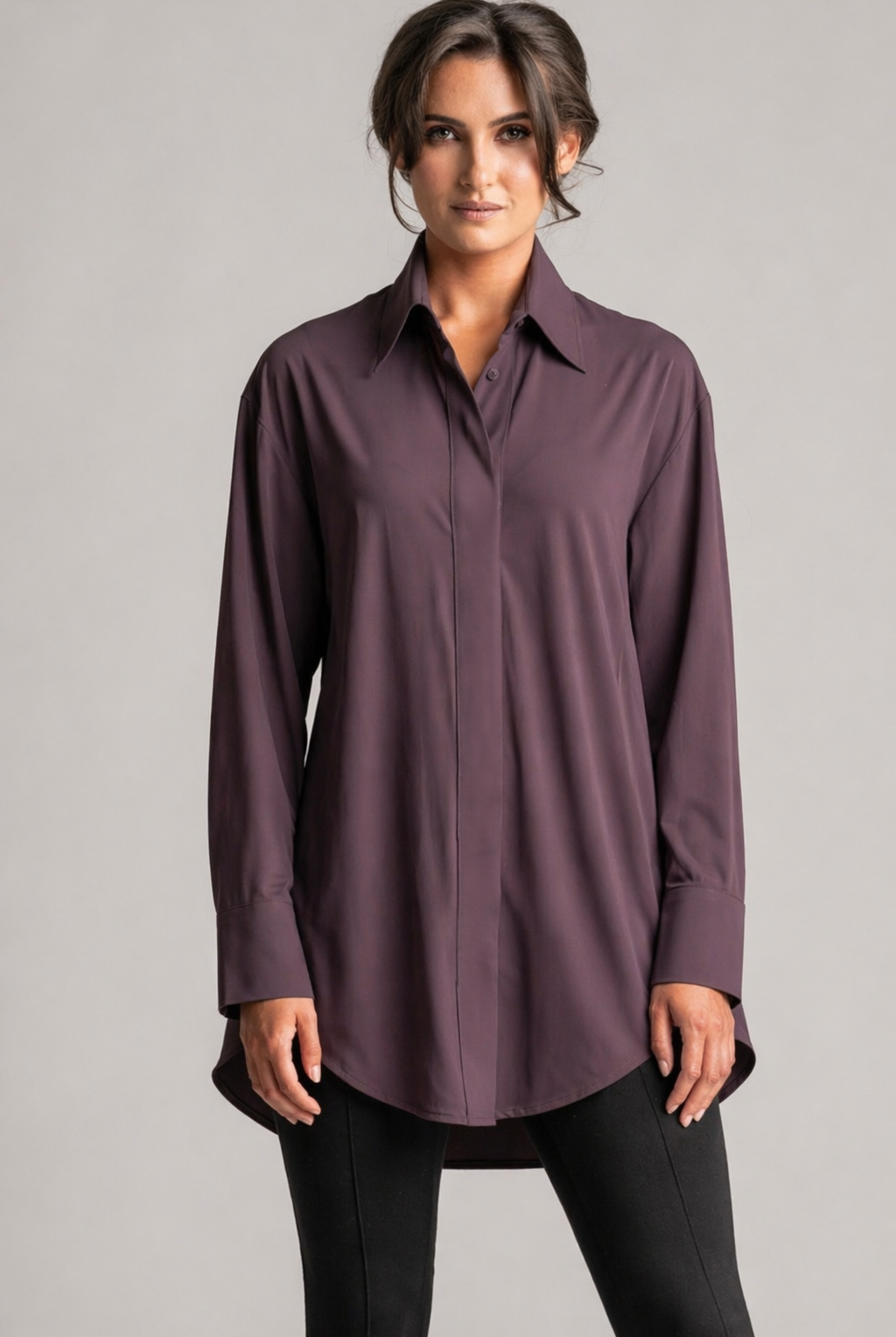 PAULA RYAN High Collar Boyfriend Shirt - Microjersey Cocoa Plum - Paula Ryan