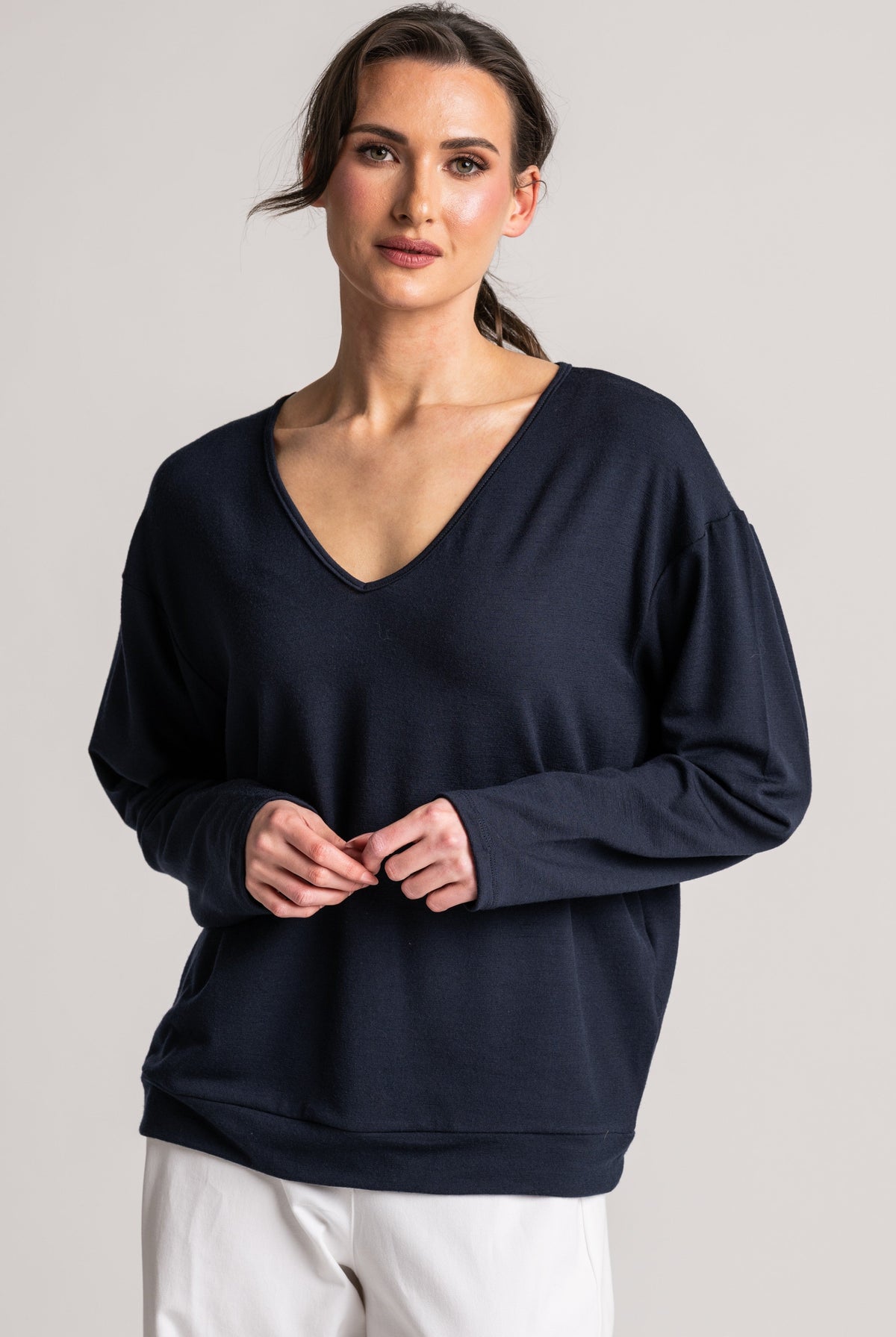 PAULA RYAN Relaxed V-Neck Top - Navy Merino - Paula Ryan
