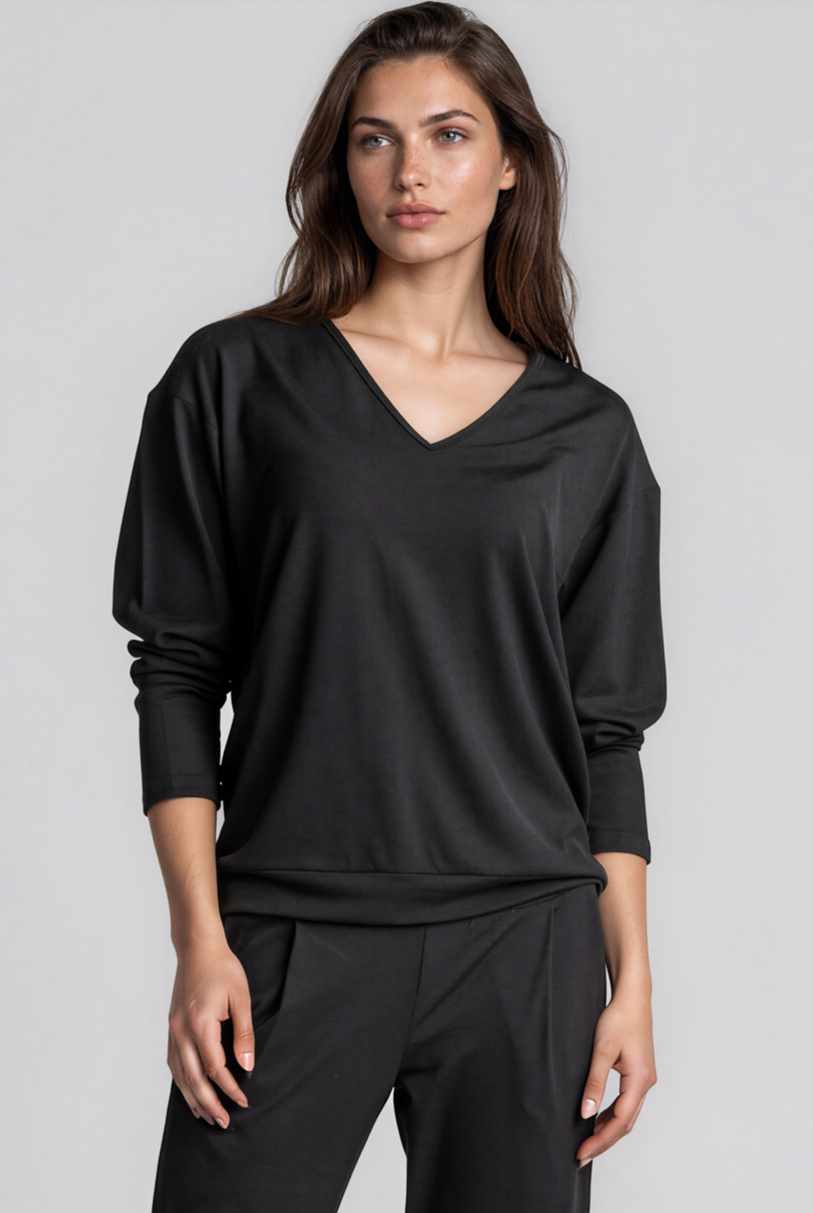 PAULA RYAN Relaxed V-Neck Top - Black Merino - Paula Ryan