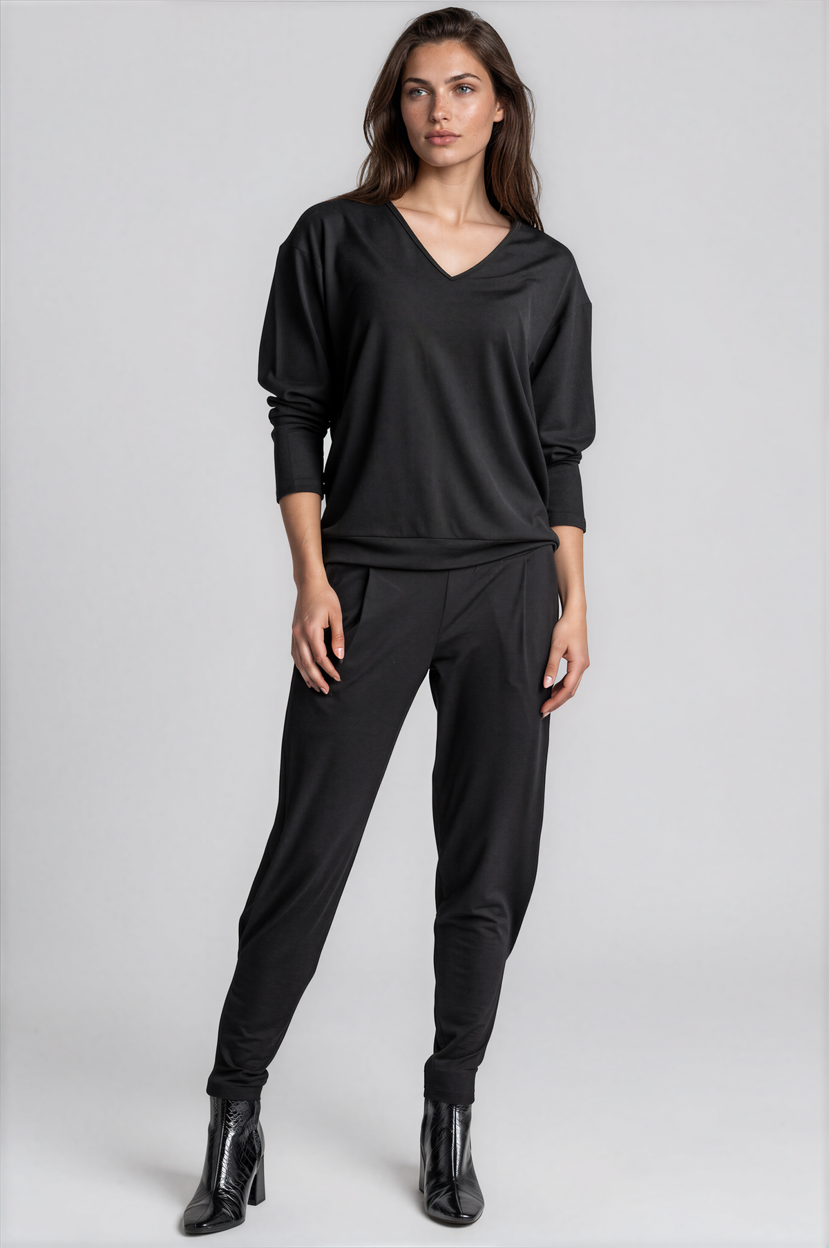PAULA RYAN Relaxed V-Neck Top - Black Merino - Paula Ryan