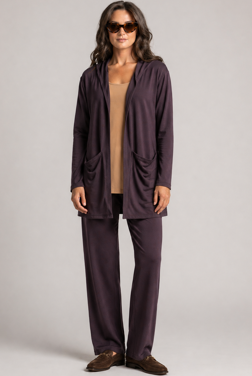 PAULA RYAN Hooded Cardigan with Pockets - Merino Cocoa Plum - Paula Ryan