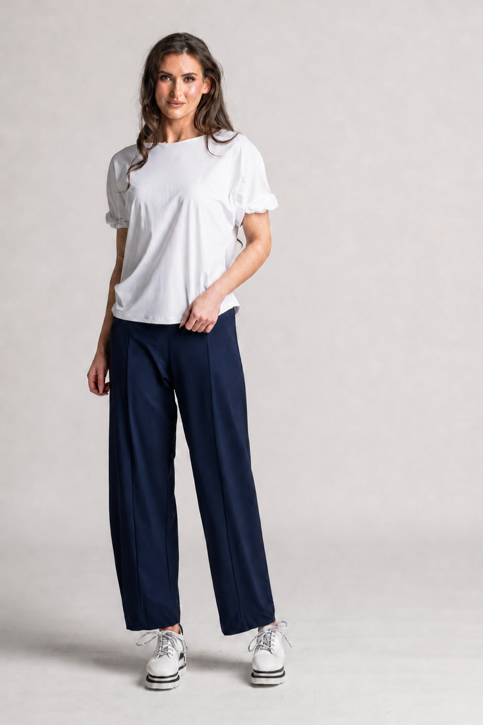 PAULA RYAN Side Zip Barrel Pant - Navy Microjersey - Paula Ryan