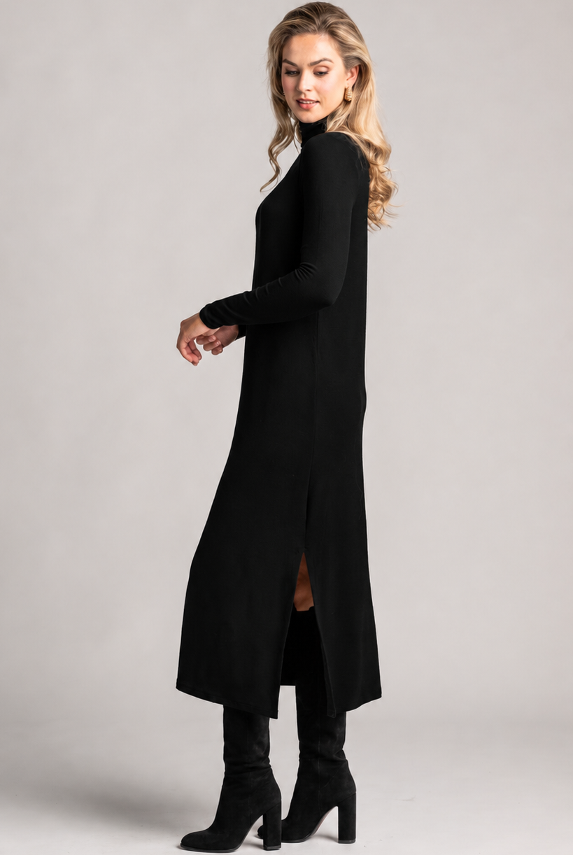 PAULA RYAN Easy Fit Polo Neck Sheath Dress - Black Merino - Paula Ryan