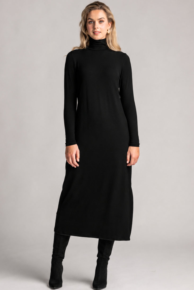 PAULA RYAN Easy Fit Polo Neck Sheath Dress - Black Merino - Paula Ryan