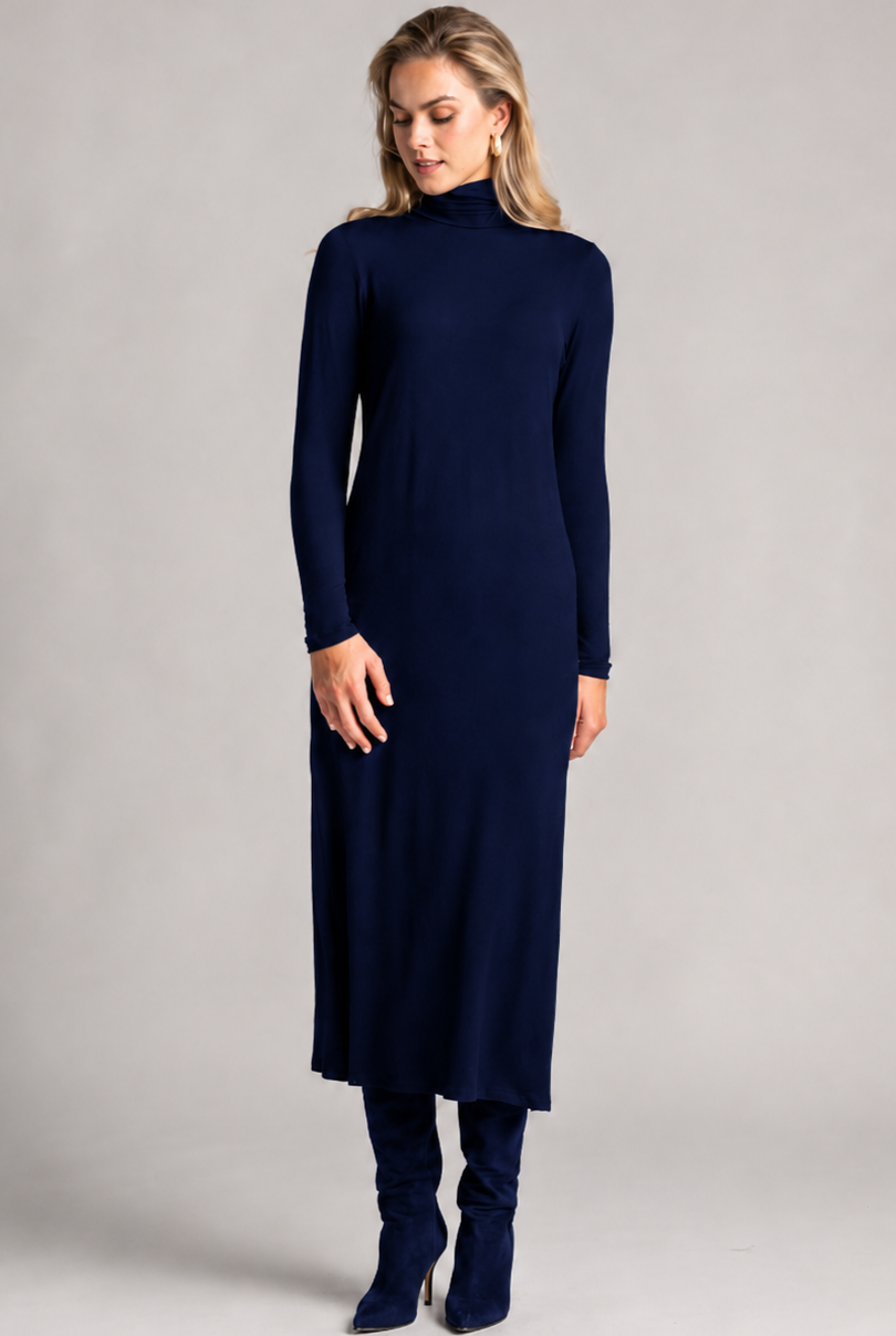 PAULA RYAN Easy Fit Polo Neck Sheath Dress - Navy Merino - Paula Ryan