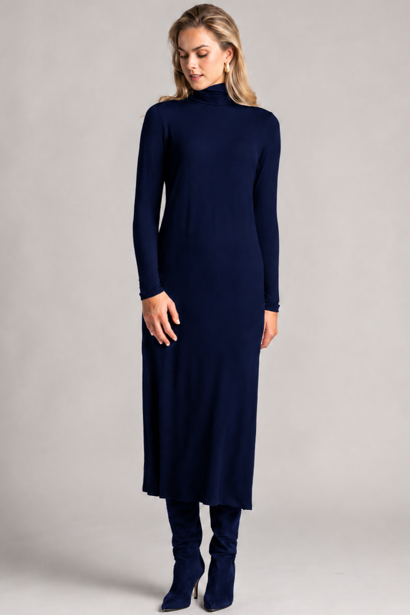 PAULA RYAN Easy Fit Polo Neck Sheath Dress - Navy Merino - Paula Ryan