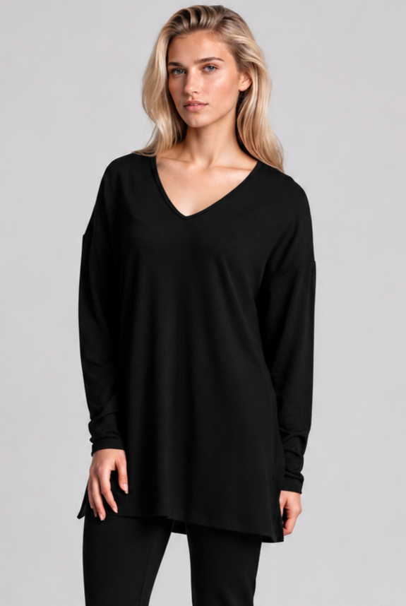 PAULA RYAN Relaxed V-Neck Tunic - Black Merino - Paula Ryan
