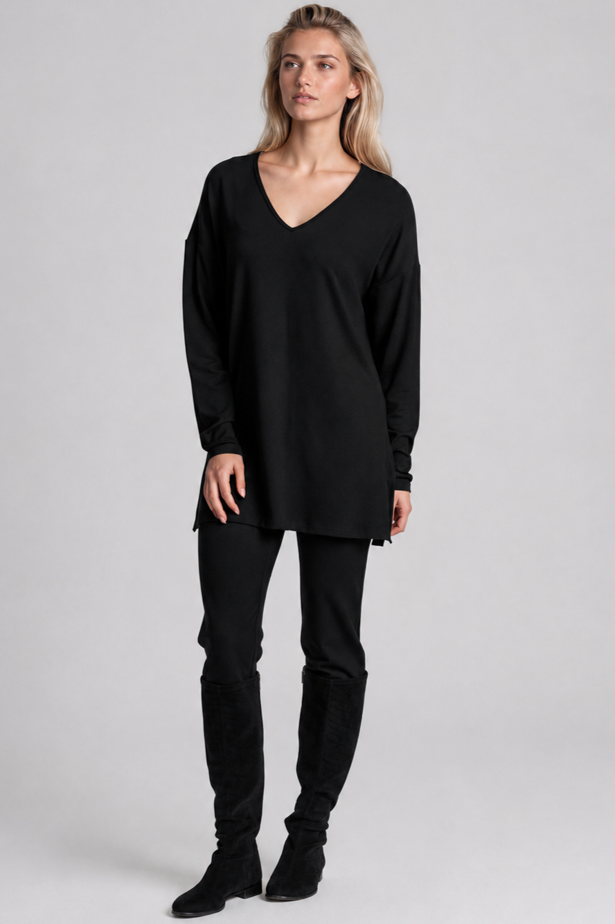PAULA RYAN Relaxed V-Neck Tunic - Black Merino - Paula Ryan