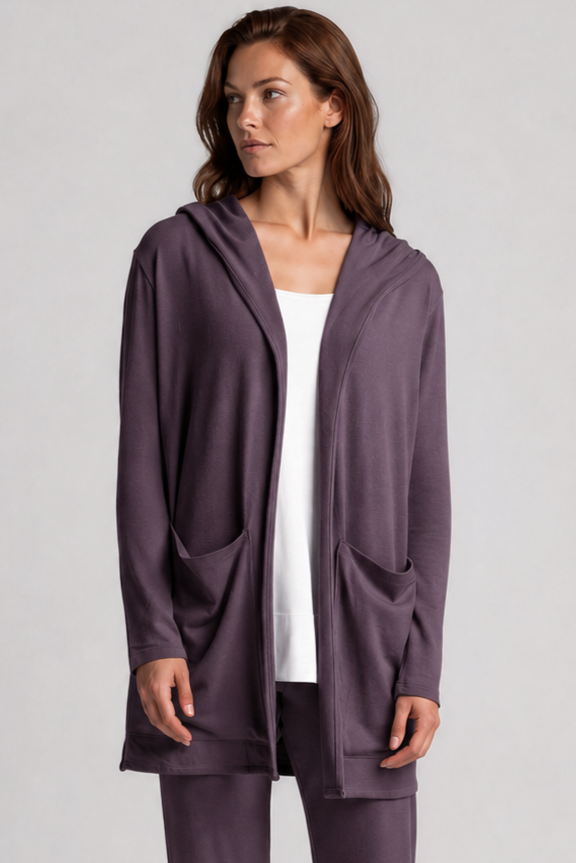 PAULA RYAN Hooded Cardigan with Pockets - Merino Cocoa Plum - Paula Ryan