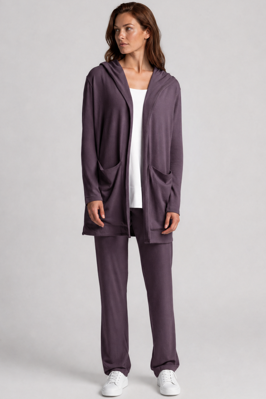 PAULA RYAN Hooded Cardigan with Pockets - Merino Cocoa Plum - Paula Ryan
