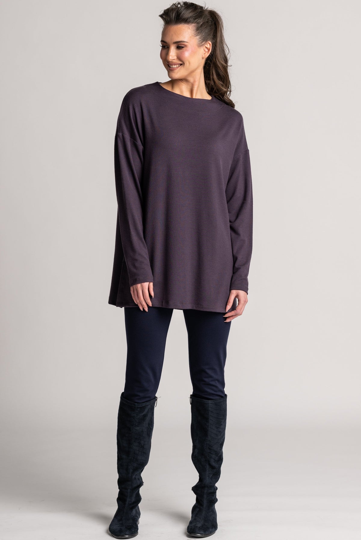 PAULA RYAN Relaxed Boat Neck Tunic - Cocoa Plum Merino - Paula Ryan