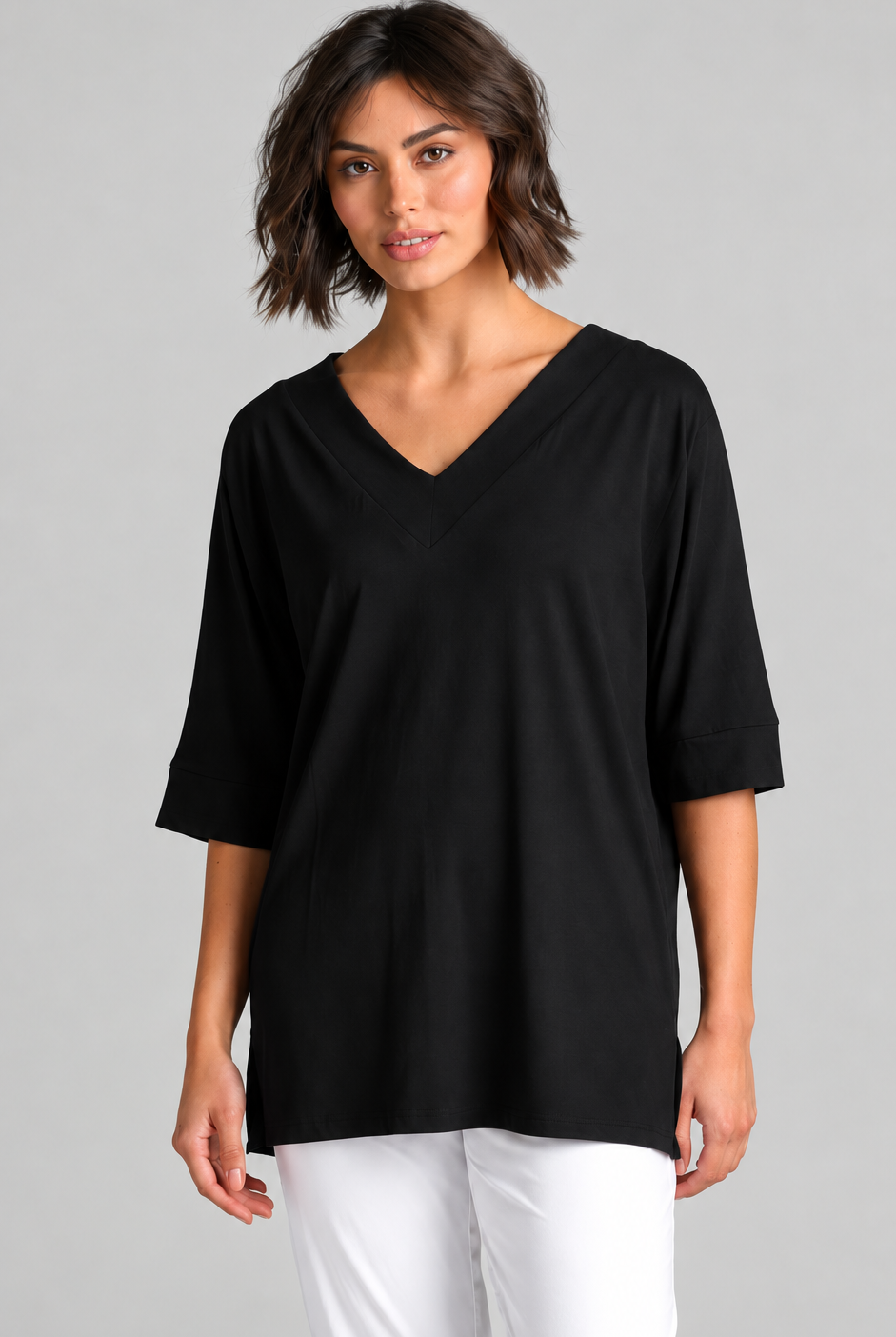 Paula Ryan B1031 Long V Neck Relaxed Top in Black, closer view 1