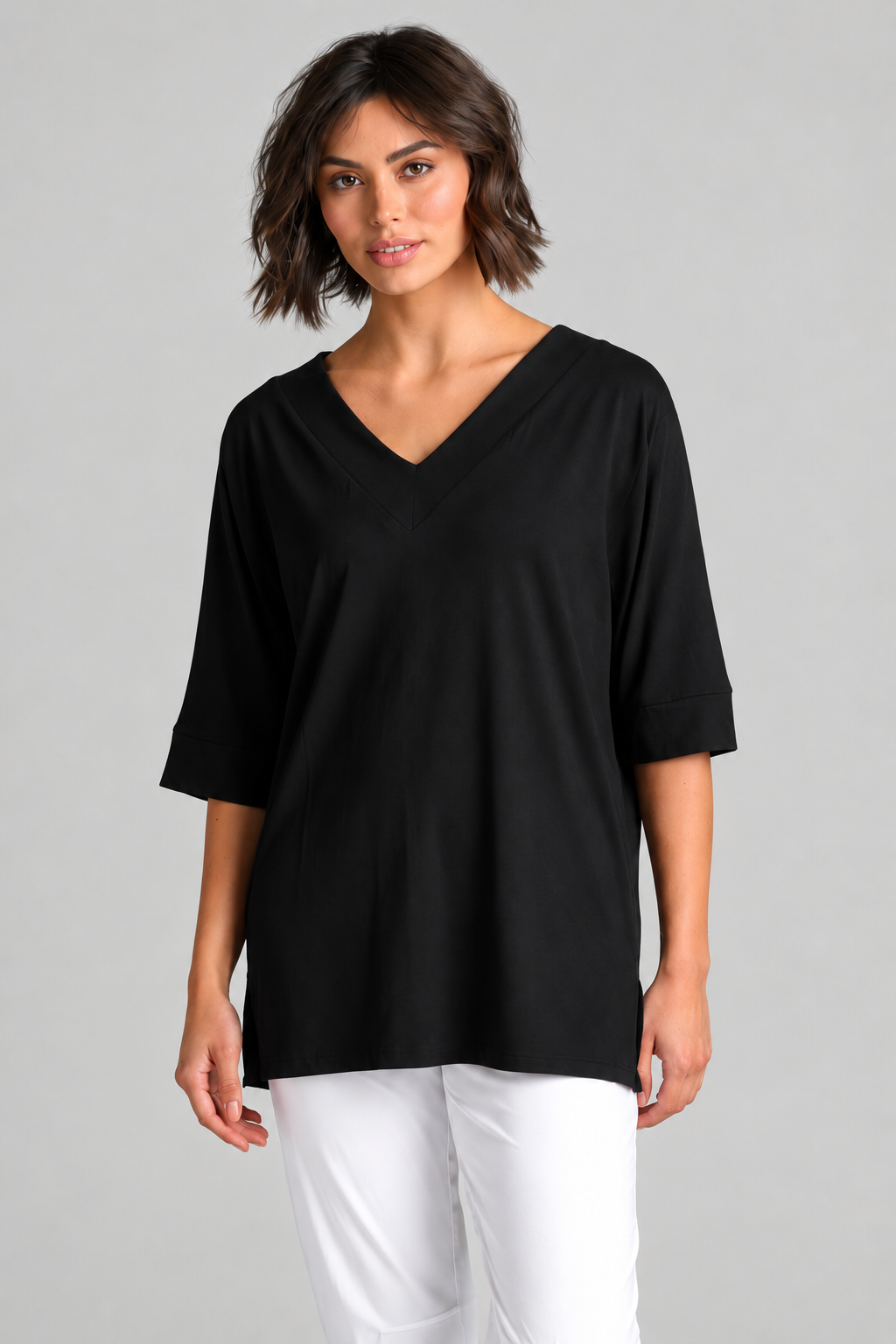 Paula Ryan B1031 Long V Neck Relaxed Top in Black, closer view 1