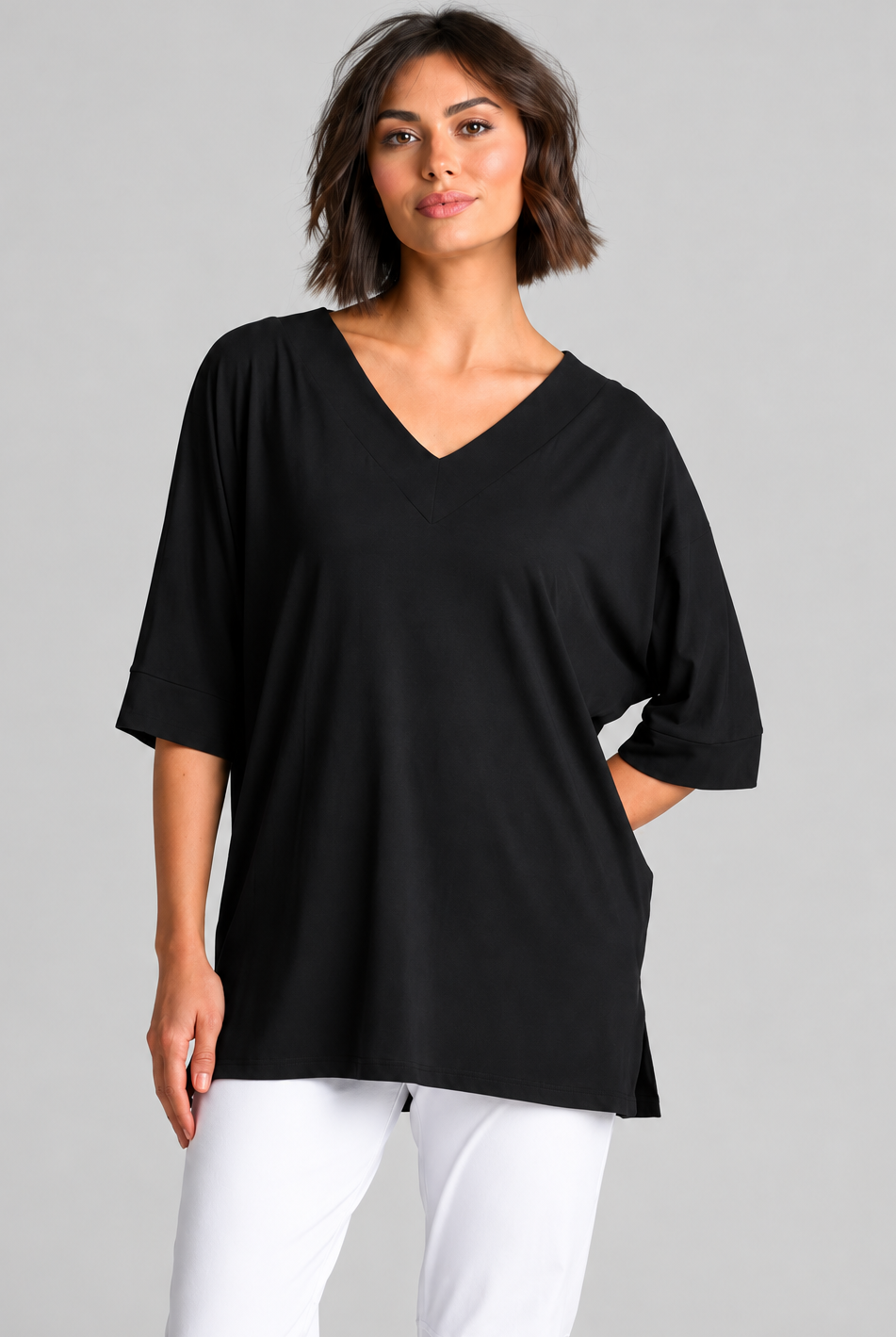 Paula Ryan B1031 Long V Neck Relaxed Top in Black, closer view 2