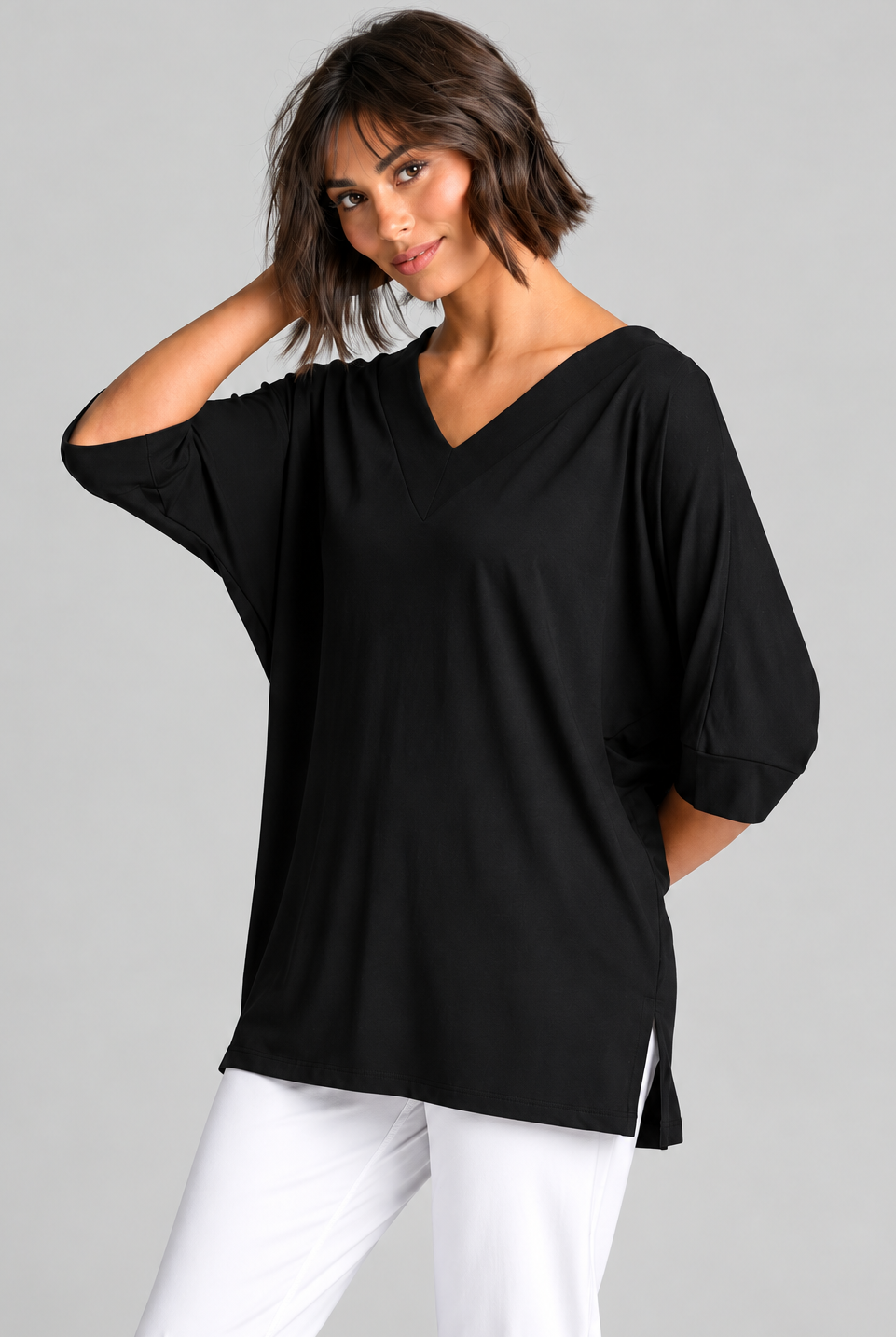 Paula Ryan B1031 Long V Neck Relaxed Top in Black, closer view 3
