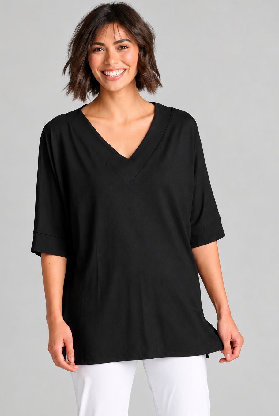 Paula Ryan B1031 Long V Neck Relaxed Top in Black, closer view 4