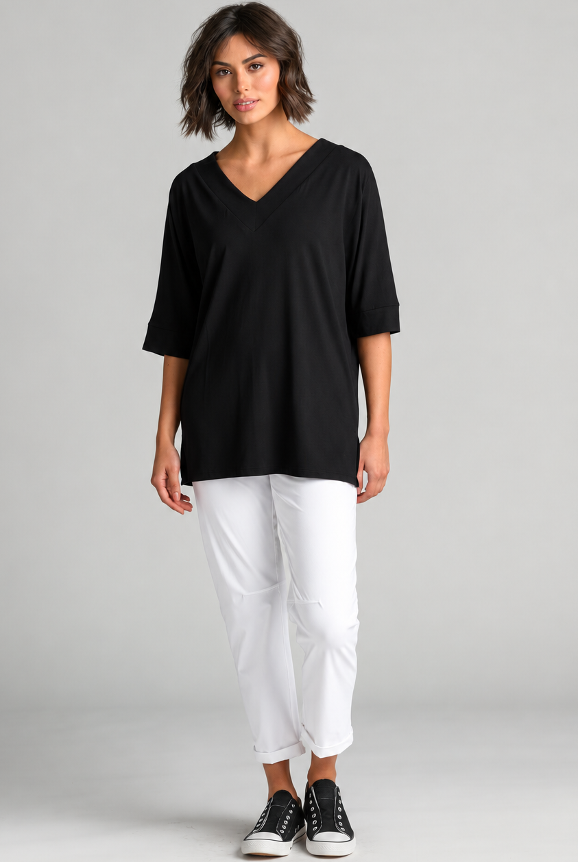 Paula Ryan B1031 Long V Neck Relaxed Top in Black, full length