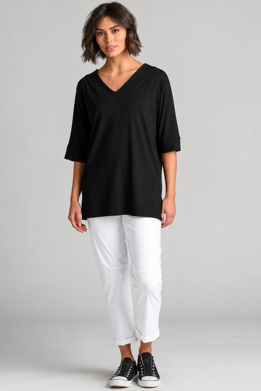 Paula Ryan B1031 Long V Neck Relaxed Top in Black, full length