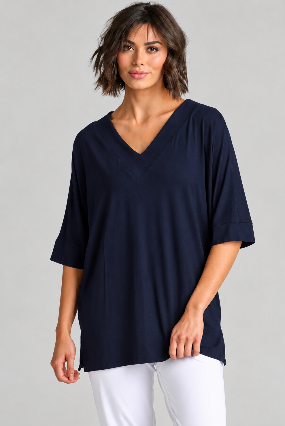 Paula Ryan B1031 Long V Neck Relaxed Top in Navy, closer view 1