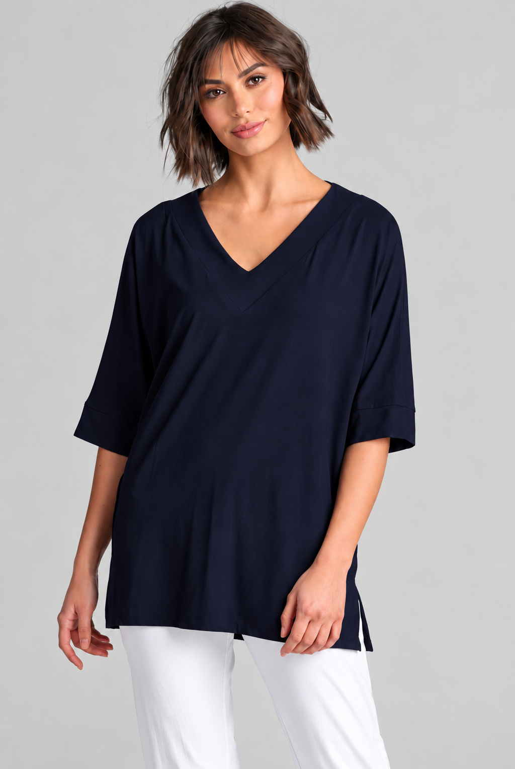 Paula Ryan B1031 Long V Neck Relaxed Top in Navy, closer view 3