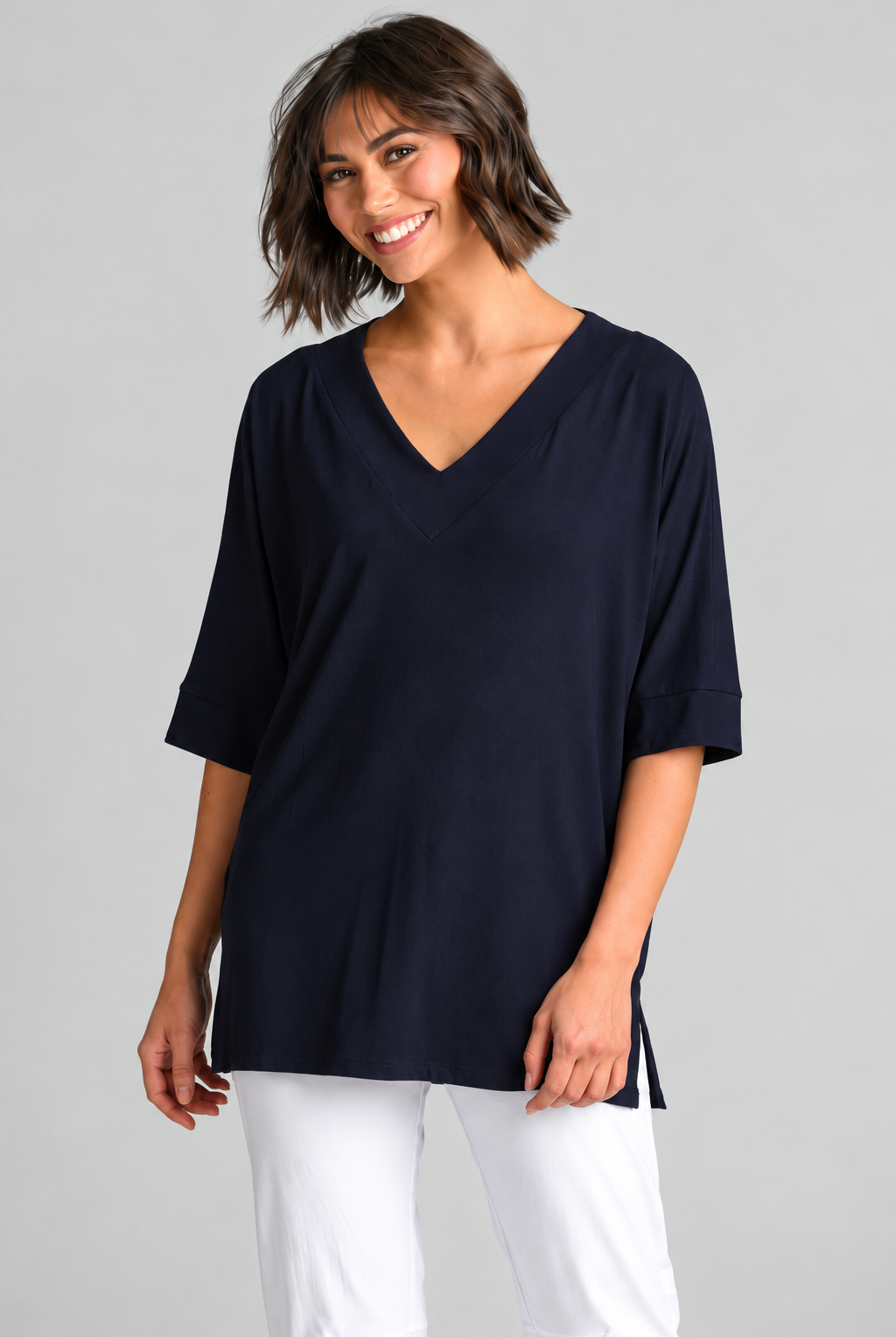 Paula Ryan B1031 Long V Neck Relaxed Top in Navy, closer view 4
