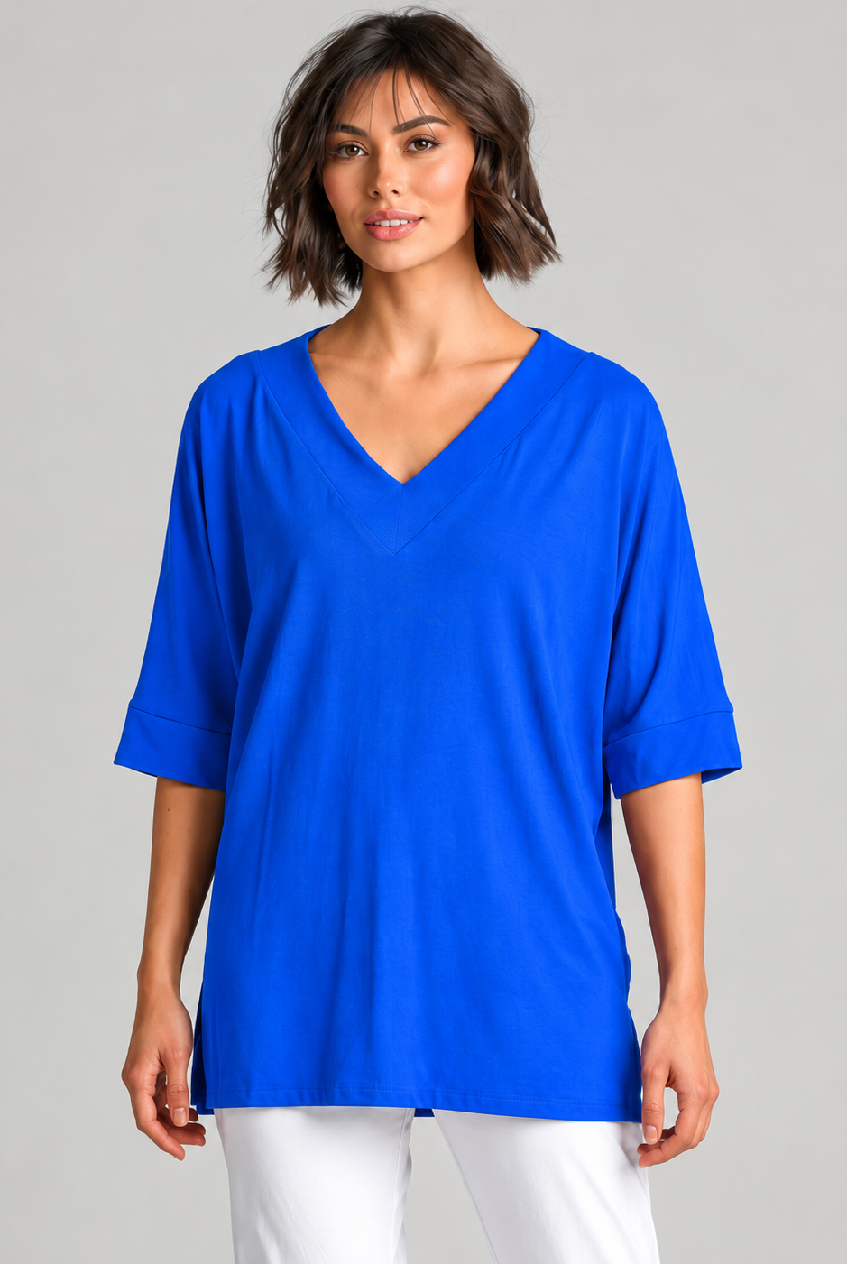 Paula Ryan B1031 Long V Neck Relaxed Top in Santorini, closer view 3
