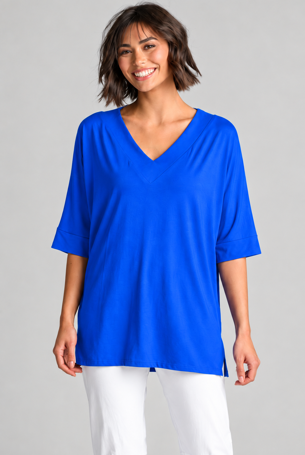 Paula Ryan B1031 Long V Neck Relaxed Top in Santorini, closer view 4
