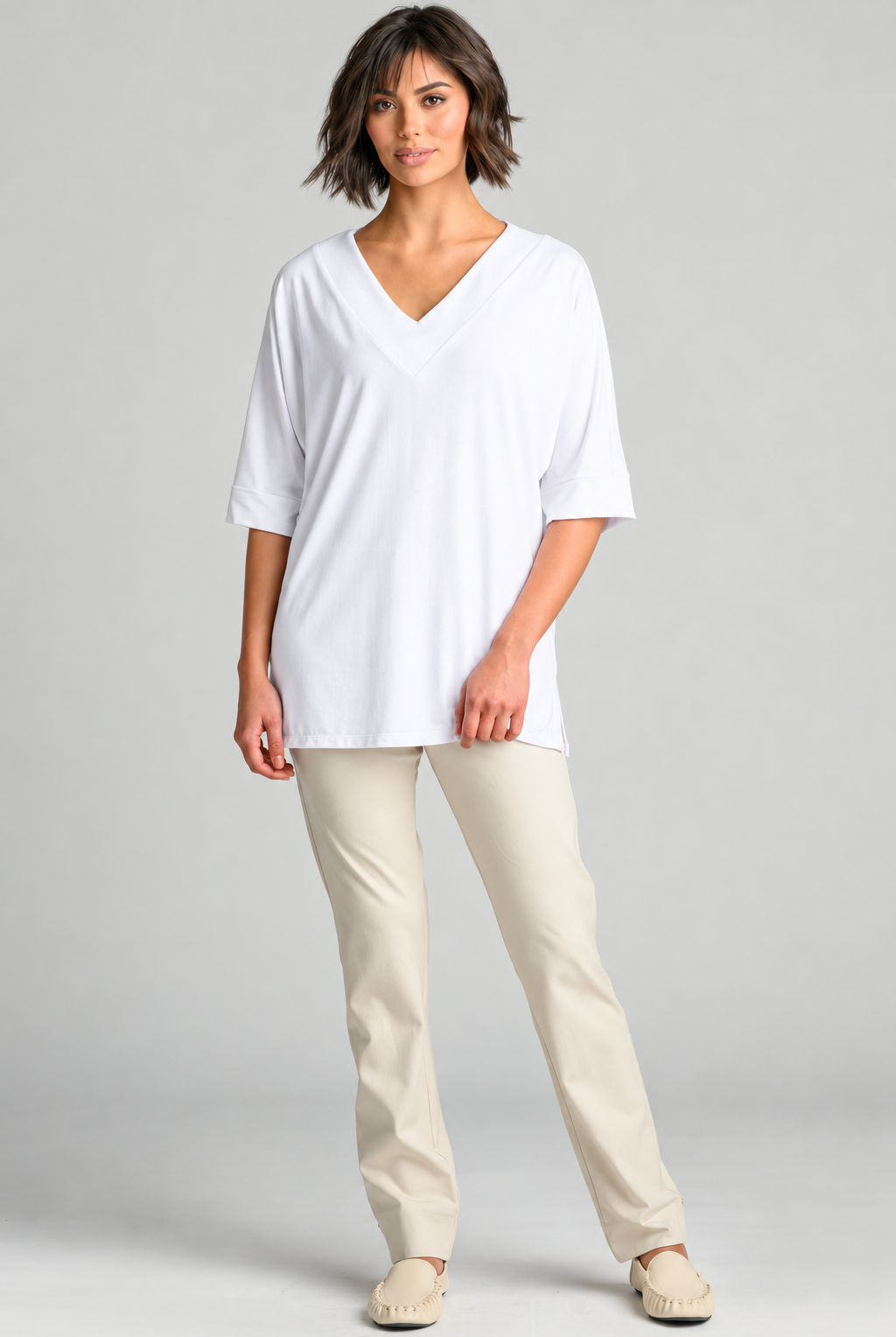 Paula Ryan B1031 Long V Neck Relaxed Top in White, full length
