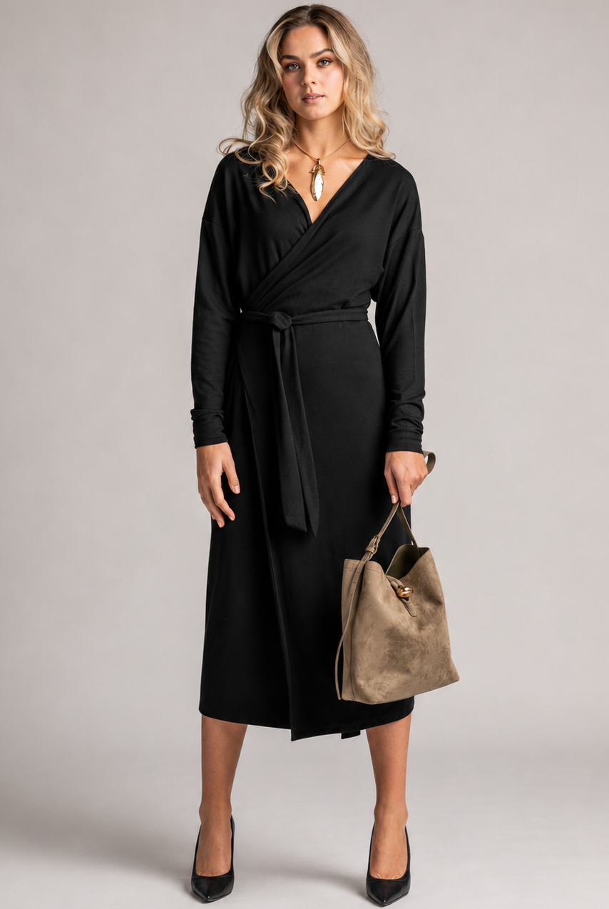PAULA RYAN Wrap Dress - Black Merino - Paula Ryan