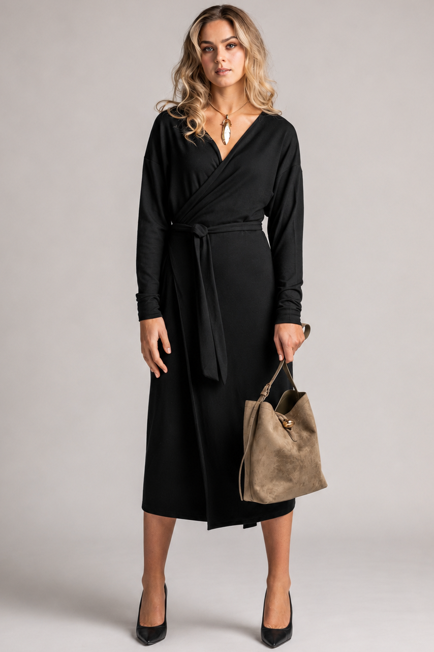PAULA RYAN Wrap Dress - Black Merino - Paula Ryan