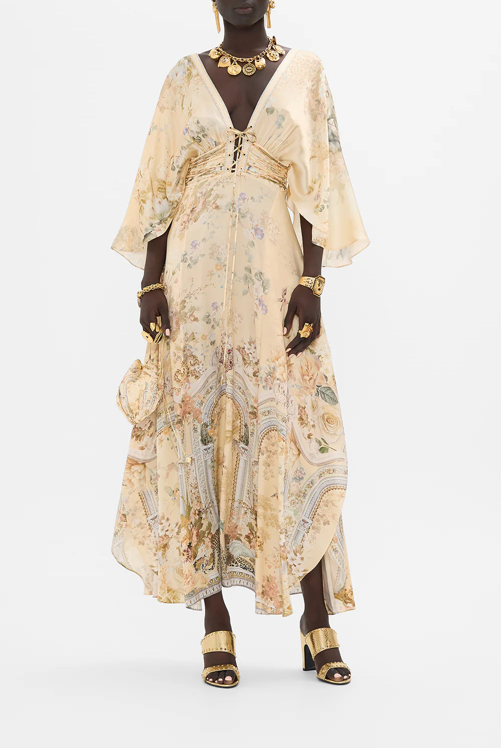 CAMILLA - V-neck Lace Up Detail Long Dress Adorned In Antiquity - Magpie Style