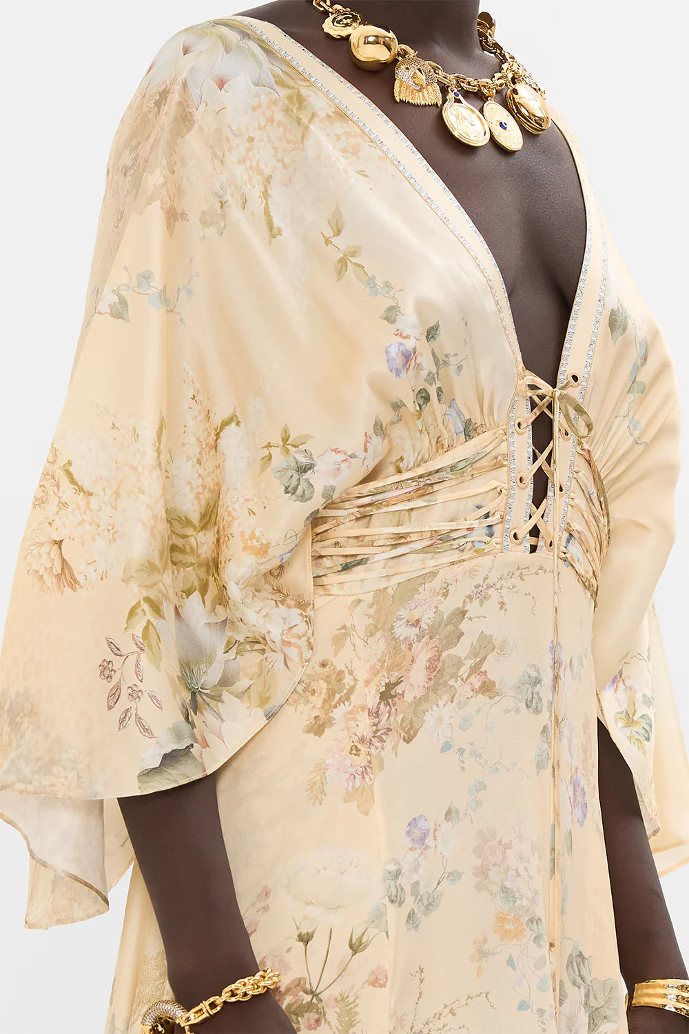 CAMILLA - V-neck Lace Up Detail Long Dress Adorned In Antiquity - Magpie Style