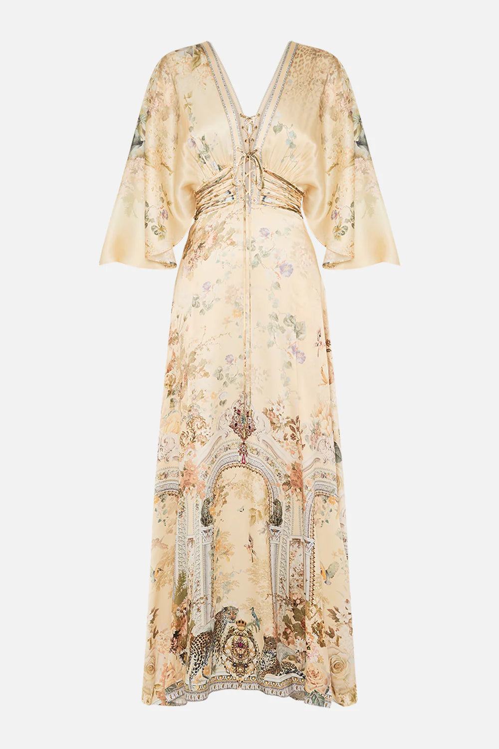 CAMILLA - V-neck Lace Up Detail Long Dress Adorned In Antiquity - Magpie Style